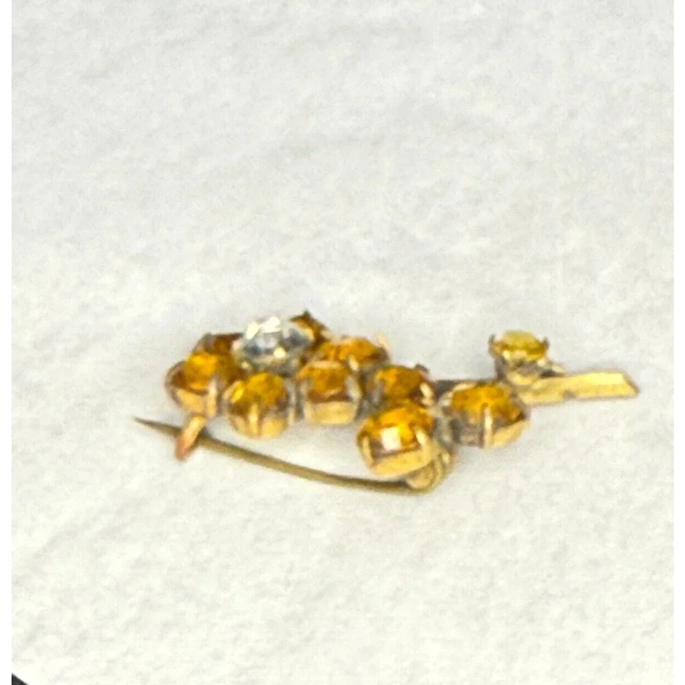 Vintage Long-Stem Flower Brooch Yellow Citrine Stones Rhinestone Lapel Pin MCM